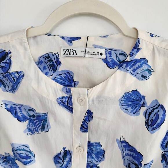 Zara White & Blue 100% Cotton Seashell Print Dress Button Down Fit & Flare Large - Picture 10 of 11